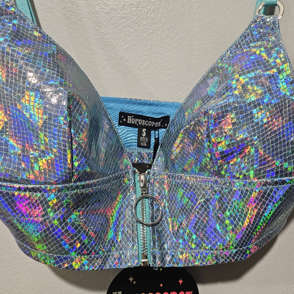 Dolls kill Horoscopez Buy My Luv Blue Holographic Bustier Bra Zip Crop Top XS S - Picture 3 of 3
